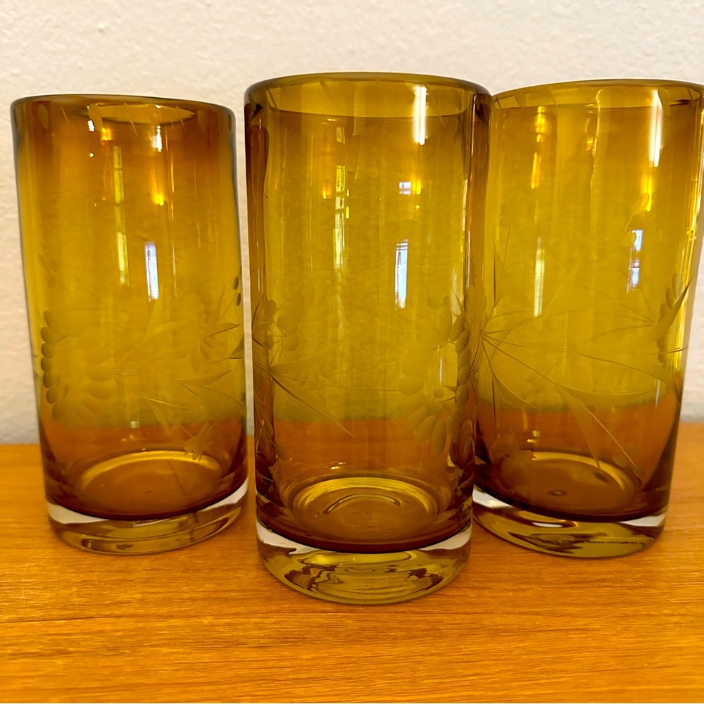 Bobby Flay Amber Brown Highball -  20oz - Etched Design - set of 3